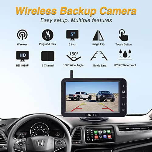 AMTIFO Wireless Backup Camera HD 1080P Bluetooth Rear View 5 Inch Split Screen Touch Key Monitor Car Truck Camper License Plate Cam System 2 Channels Waterproof Clear Night Vision DIY Guide Lines A6