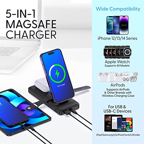 BELLBOY 5-in-1 Wireless Foldable MagSafe Charging Station and Power Bank for iPhone 12, 13, 14, Apple Watch and AirPods, Charger Power Bank - Portable Battery, MagSafe Charger, 10,000mAh – Black