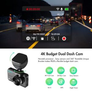 Dual Dash Cam Front 4K and Rear 2K, Wi-Fi, GPS, Dash Camera for Cars with 3 Inches IPS Screen, Car Camera Driving Recorder with Night Vision, Parking Mode