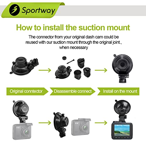 Sportway S503 Suction Cup Dash Cam Mount Holder (5th Gen) with 3pcs 360 Rotating Joints for Rove Nexar Z-Edge Kingslim iiwey NIUTA and Most Other Car Dash Cameras