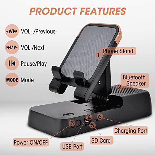 Cell Phone Stand with Bluetooth Speaker, Built-in USB Charging Port and SD Card Slot, HD Surround Sound Bluetooth Speaker with Adjustable Phone Holder for Desk