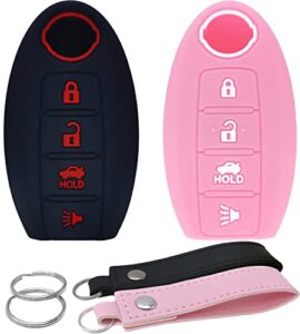 silicone key fob cover remote keyless case protector compatible with nissan 350z 370z altima armada gt-r maxima murano pathfinder rogue select sentra titan versa note xterra (4 buttons black & pink)