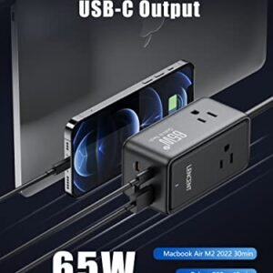 USB C Charger LENCENT GaN III 65W USB C Charging Station,Multi outlet extender，Fast Charging USB & Type C, extension 5.0 ft cord【3 AC Outlets+2 USB C(PD 65W Max) + 2 USB】for Home,Office,Travel(Black)