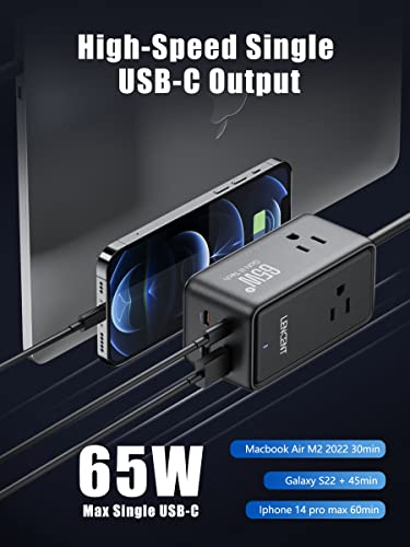 USB C Charger LENCENT GaN III 65W USB C Charging Station,Multi outlet extender，Fast Charging USB & Type C, extension 5.0 ft cord【3 AC Outlets+2 USB C(PD 65W Max) + 2 USB】for Home,Office,Travel(Black)