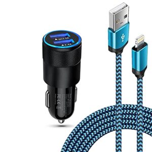 iphone car charger fast charging for iphone 14 13 12 pro max mini se 11pro max x 10 xr xs 8 plus, 30w dual port cigarette lighter adapter + braided apple lightning cable i phone charger cord wire 6ft