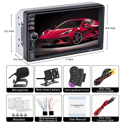 Double Din Car Stereo Bluetooth, 7 Inch Touchscreen Double Din Car Stereo with Backup Camera, Double Din Radio Support Mirror Link/Hands Free Call/FM/Steering Wheel Remote/Fast Charging/TF/USB/EQ/Aux