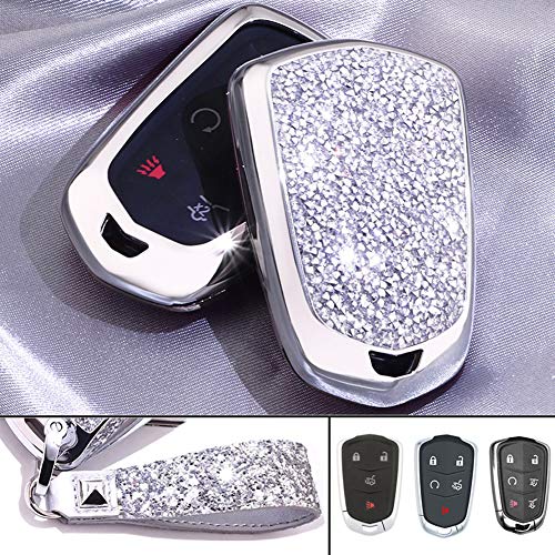 Royalfox(TM) 4 5 6 Buttons 3D Bling keyless Entry Remote Smart Key Fob case Cover for 2016-2019 Cadillac CT6, 2017-2019 XT5, 2014-2019 CTS, 2015-2019 XTS SRX ATS Accessories,with Keychain (Silver)