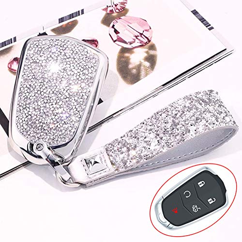 Royalfox(TM) 4 5 6 Buttons 3D Bling keyless Entry Remote Smart Key Fob case Cover for 2016-2019 Cadillac CT6, 2017-2019 XT5, 2014-2019 CTS, 2015-2019 XTS SRX ATS Accessories,with Keychain (Silver)