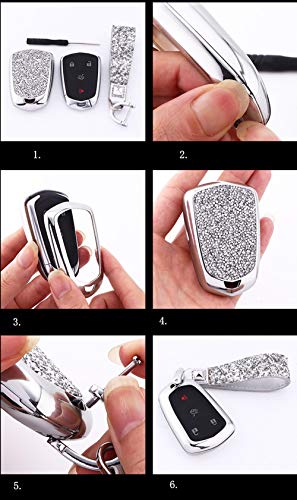 Royalfox(TM) 4 5 6 Buttons 3D Bling keyless Entry Remote Smart Key Fob case Cover for 2016-2019 Cadillac CT6, 2017-2019 XT5, 2014-2019 CTS, 2015-2019 XTS SRX ATS Accessories,with Keychain (Silver)