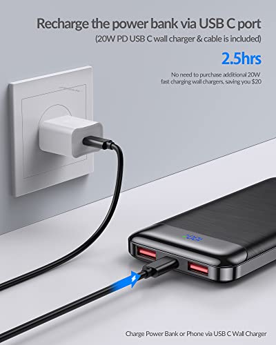 ENEGON 10000mAh Power Bank Fast Charging 12V/1.65A(PD 20W Max) with USB-C Wall Plug, Portable Chargers Slim Cell Phone External Battery Pack for iPhone 14 13 12 11 Pro Max Plus XR SE