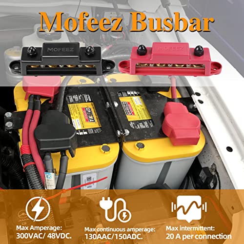 Mofeez Power Distribution Block Bus Bar, 4 x 3/8" Posts, 6 x #8 Screws Terminals, Max 48V 250A (Pair, Red & Black)