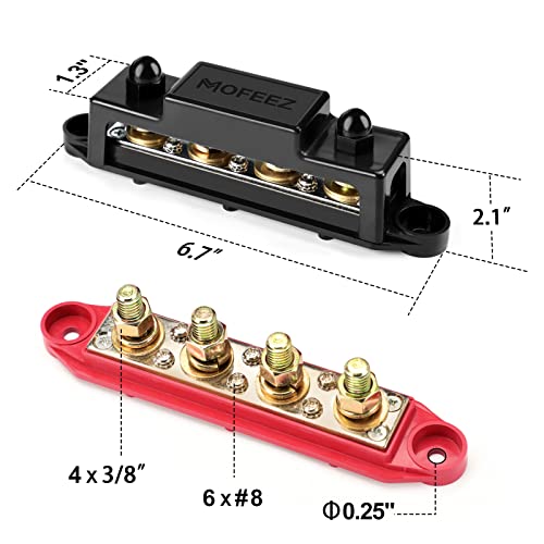 Mofeez Power Distribution Block Bus Bar, 4 x 3/8" Posts, 6 x #8 Screws Terminals, Max 48V 250A (Pair, Red & Black)