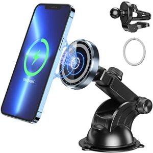 magnetic wireless car charger, 18w fast mag safe car charging dashboard mount with adjustable metal air vent hook compatible with iphone 14/13 pro/13 mini/12/12 pro/12 pro max/12 mini