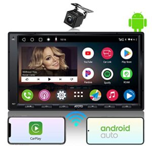 atoto a6 pf double-din android car stereo, wireless carplay, wireless android auto, 7inch in-dash navigation, dual bt, wifi/bt/usb tethering internet, 2g+32gb, hd lrv input with backup camera, mic