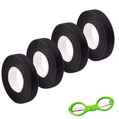 Taiss 4PCS Black 19mmX15m Automotive Wiring Harness Cloth Tape,High Temperature Insulation Tape, Wire Loom Harness Tape are Used for Noise Reduction.Cable Ties and Scissors are Included.F-003-19mm-4P