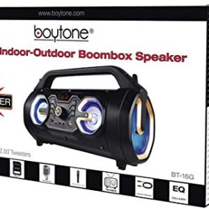 Boytone BT-16G Portable Bluetooth Boombox Speaker, Indoor/Outdoor, 25W, Loud Sound, Deeper Bass, EQ, 5" Subwoofer, 2 x 3 Tweeter, FM, 9H Playtime, USB, Micro SD, AUX, Microphone, Recording, LED Light