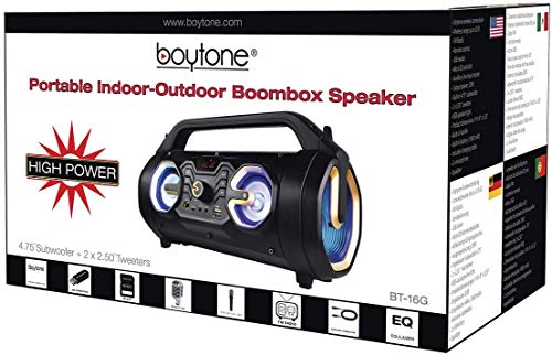 Boytone BT-16G Portable Bluetooth Boombox Speaker, Indoor/Outdoor, 25W, Loud Sound, Deeper Bass, EQ, 5" Subwoofer, 2 x 3 Tweeter, FM, 9H Playtime, USB, Micro SD, AUX, Microphone, Recording, LED Light