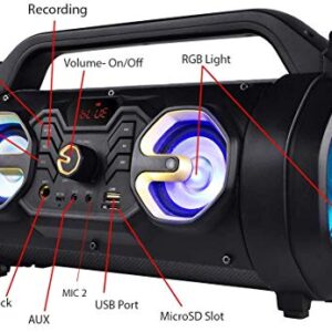 Boytone BT-16G Portable Bluetooth Boombox Speaker, Indoor/Outdoor, 25W, Loud Sound, Deeper Bass, EQ, 5" Subwoofer, 2 x 3 Tweeter, FM, 9H Playtime, USB, Micro SD, AUX, Microphone, Recording, LED Light