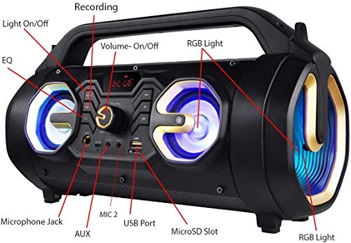 Boytone BT-16G Portable Bluetooth Boombox Speaker, Indoor/Outdoor, 25W, Loud Sound, Deeper Bass, EQ, 5" Subwoofer, 2 x 3 Tweeter, FM, 9H Playtime, USB, Micro SD, AUX, Microphone, Recording, LED Light