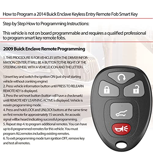 Replacement Fits for Chevy Suburban Tahoe Traverse 2007 2008 2009 2010 2011 2012 2013| Cadillac Escalade 2007-2010| Buick Enclave 2008-2017 Car Keyless Entry Remote Fob Self-Programming (Pack of 2)