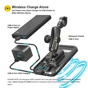 iMESTOU Waterproof Motorcycle Wireless Mount with USB-C Fast Charger, Anti-Theft 1" Ball Phone Holder with Aluminum Handlebar Mounting Base Fits for 5.5"-6.8" Cellphones (L)