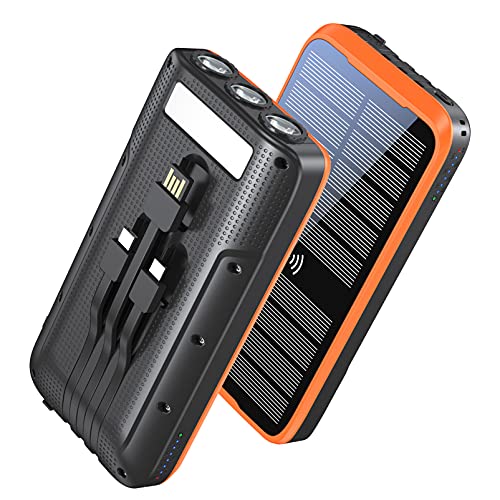 RETMSR Portable Charger, 38800mAh Solar Charger 10W Wireless QC3.0 22.5W PD 20W Fast Charging, Battery Pack with Built-in 3 Cables Super Bright Flashlight, 5 Outputs Power Bank for Cell Phone Tablet