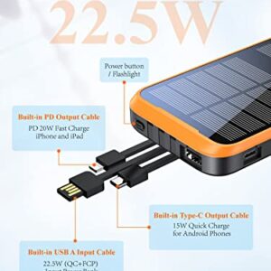 RETMSR Portable Charger, 38800mAh Solar Charger 10W Wireless QC3.0 22.5W PD 20W Fast Charging, Battery Pack with Built-in 3 Cables Super Bright Flashlight, 5 Outputs Power Bank for Cell Phone Tablet