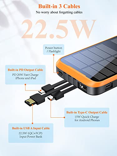 RETMSR Portable Charger, 38800mAh Solar Charger 10W Wireless QC3.0 22.5W PD 20W Fast Charging, Battery Pack with Built-in 3 Cables Super Bright Flashlight, 5 Outputs Power Bank for Cell Phone Tablet