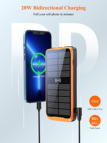 RETMSR Portable Charger, 38800mAh Solar Charger 10W Wireless QC3.0 22.5W PD 20W Fast Charging, Battery Pack with Built-in 3 Cables Super Bright Flashlight, 5 Outputs Power Bank for Cell Phone Tablet