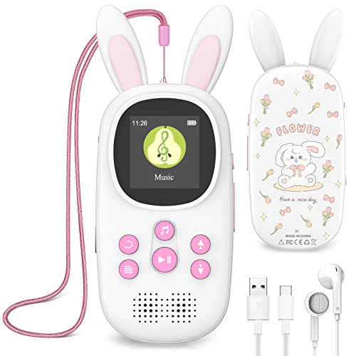 16GB Music MP3 Player for Kids, Cute Bunny Kids Music MP3 Player with Bluetooth, MP3 & MP4 Players with Speaker, MP3 Player with FM Radio, Recordings, Alarm, Pedometer, Stopwatch, Support up to 128GB.