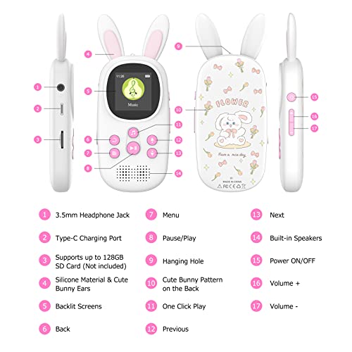 16GB Music MP3 Player for Kids, Cute Bunny Kids Music MP3 Player with Bluetooth, MP3 & MP4 Players with Speaker, MP3 Player with FM Radio, Recordings, Alarm, Pedometer, Stopwatch, Support up to 128GB.
