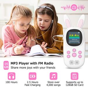 16GB Music MP3 Player for Kids, Cute Bunny Kids Music MP3 Player with Bluetooth, MP3 & MP4 Players with Speaker, MP3 Player with FM Radio, Recordings, Alarm, Pedometer, Stopwatch, Support up to 128GB.