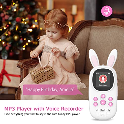 16GB Music MP3 Player for Kids, Cute Bunny Kids Music MP3 Player with Bluetooth, MP3 & MP4 Players with Speaker, MP3 Player with FM Radio, Recordings, Alarm, Pedometer, Stopwatch, Support up to 128GB.