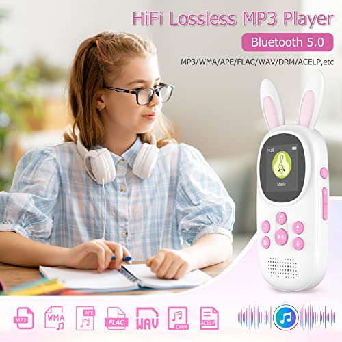 16GB Music MP3 Player for Kids, Cute Bunny Kids Music MP3 Player with Bluetooth, MP3 & MP4 Players with Speaker, MP3 Player with FM Radio, Recordings, Alarm, Pedometer, Stopwatch, Support up to 128GB.