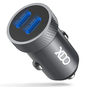 xdo usb c car charger, 50w 2-port fast charging with usb c power delivery, compatible for iphone 13/12/11/x/xs/8/pro/max/mini, ipad pro/air/mini, samsung galaxy s22/s21/s10, pixel/nexus and more