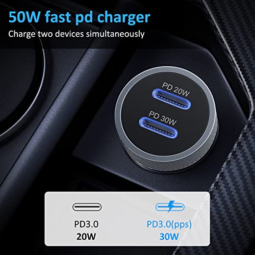 XDO USB C Car Charger, 50W 2-Port Fast Charging with USB C Power Delivery, Compatible for iPhone 13/12/11/X/XS/8/Pro/Max/Mini, iPad Pro/Air/Mini, Samsung Galaxy S22/S21/S10, Pixel/Nexus and More