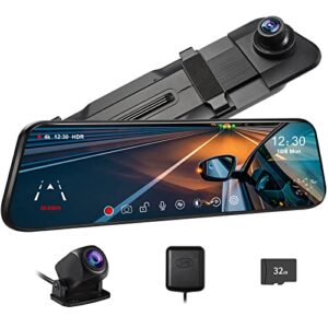 pelsee p10 pro 10″ 4k mirror dash cam, rear view mirror camera smart driving assistant w/adas and bsd, night vision dash cameras front and rear, voice control,parking monitoring,free 32gb memory card