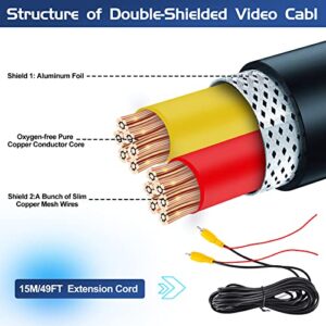 CAMECHO Upgraded RCA Video Cable for Monitor and Backup Rear View Camera Connection (49.12FT / 15M), AV Extension Cable with Yellow RCA Video Power Cable