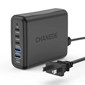 usb c fast charger, chanede 120w compact 5 port usb c charging station,laptop portable usb c wall charger pd adapter 3 usb c and 2 qc usb a for notebook macbook pro/air, galaxy, iphone, dell xps ipad