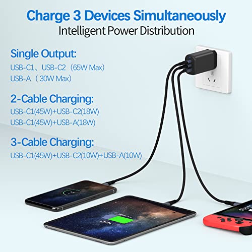 USB C Charger 65W, Deegotech GaN II PD3.0(PPS) Fast Charger for MacBook, 3-Port Foldable Plug USB C Charging Station Compatible with MacBook Pro/Air, iPad Pro, Laptop (with USB C to C Cable 6.6ft)
