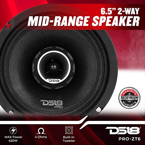 DS18 PRO-ZT6 6.5-Inch 2 Way Pro Audio Midrange Speakers with Built-in Bullet Tweeter 4-Ohms 450W Max 225W RMS Water Resistant - Red Metal Mesh Grill Included (1 Speaker)