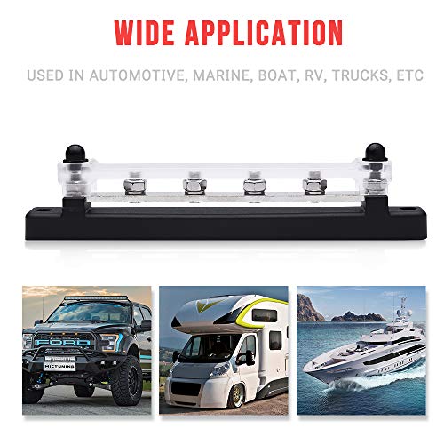 MICTUNING 4 Terminal Bus Bar & Cover Ground Distribution Block - Car Boat Marine Power Distribution Terminal Block