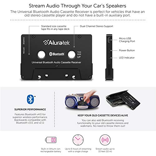 Aluratek Universal Bluetooth Audio Cassette Receiver, Built-in Rechargeable Battery, Up to 8 Hours Playtime, Audio Receiving up to 33 Feet