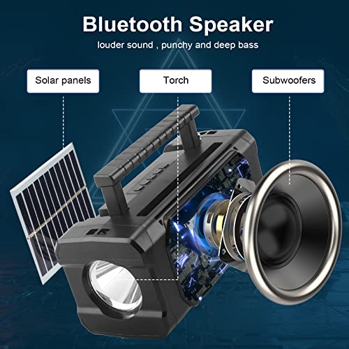 Portable Solar Bluetooth Speaker with Outdoor Emergency Flashlight, FM Radio Function, High Audio Bluetooth Speaker High Power Wireless Speaker