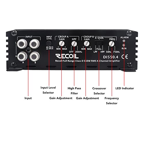 Recoil DI550.4 Full-Range Class-D 4-Channel Car Audio Amplifier, 1,040 Watts Max Power, 2-4 Ohm Stable, Mosfet Power Supply, Bridgeable