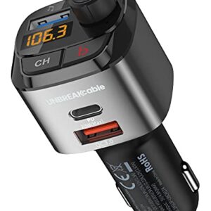 UNBREAKcable Bluetooth FM Transmitter for Car, Support QC3.0, 20W Wireless Bluetooth Radio Car Adapter Receiver MP3 Audio Music Player FM Transmitters, Type C PD20W Handsfree Call Car Charger