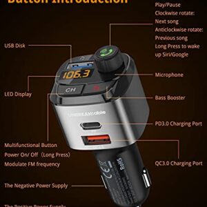 UNBREAKcable Bluetooth FM Transmitter for Car, Support QC3.0, 20W Wireless Bluetooth Radio Car Adapter Receiver MP3 Audio Music Player FM Transmitters, Type C PD20W Handsfree Call Car Charger