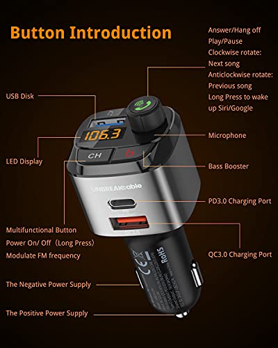 UNBREAKcable Bluetooth FM Transmitter for Car, Support QC3.0, 20W Wireless Bluetooth Radio Car Adapter Receiver MP3 Audio Music Player FM Transmitters, Type C PD20W Handsfree Call Car Charger