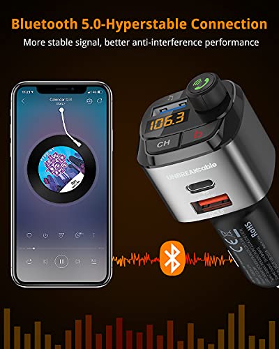 UNBREAKcable Bluetooth FM Transmitter for Car, Support QC3.0, 20W Wireless Bluetooth Radio Car Adapter Receiver MP3 Audio Music Player FM Transmitters, Type C PD20W Handsfree Call Car Charger