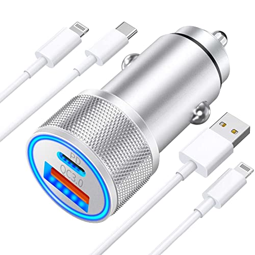 [Apple MFi Certified] iPhone Fast Car Charger, esbeecables 48W Dual Port USB C Power Delivery All Metal Lighter PD/QC3.0 Car Charger with 2Pack Lightning Cable Quick Charging for iPhone/iPad/Airpods